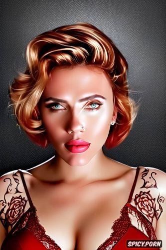 tattoos masterpiece, k shot on canon dslr, ultra detailed, scarlettjohansson beautiful face young sexy low cut red lace lingerie
