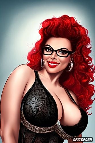 cocksucker mouth, huge tits, cynical smile, red curls, massive glasses