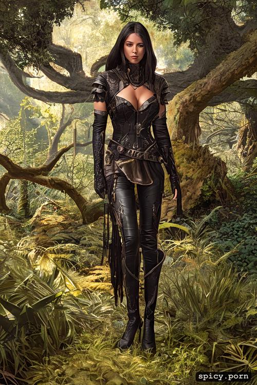 ultra detailed, sharp focus, forest, unreal engine, beautiful and seductive female hunter wearing leather and cloth attire