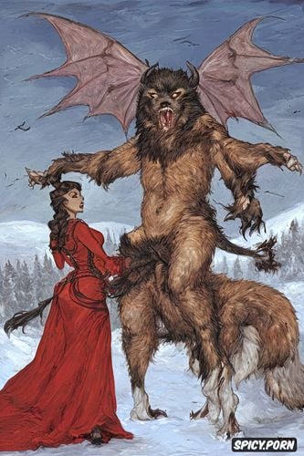 ferocious beast, chubby, victorian gown, pyotr krivonogov, female devil with large red wings