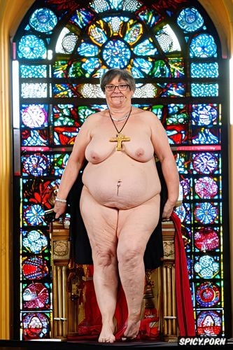 very old granny nun, extreme fat, stained glass windows, glasses