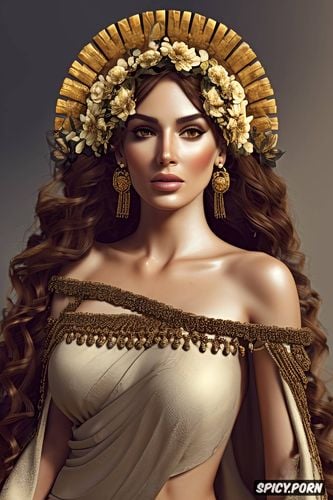 olive skin, greek mythology, high cheekbones, medium round perky natural breasts