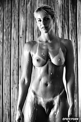 petite female czech athlete, realistic tan lines, topless in sauna