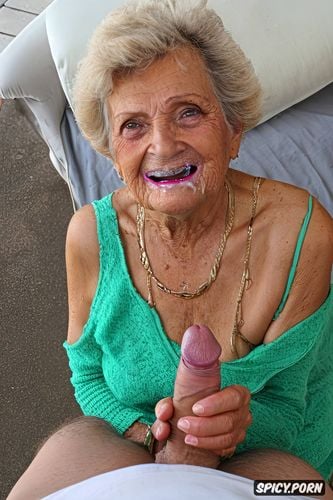 splash of cum in the mouth, look into camera, extremely old senior grandmother