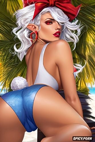 beach in the background, light blue lips long bunny ears and white hair