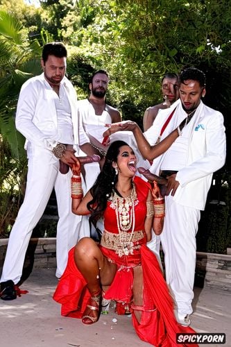 threesome, image the standing beautiful indian bride in public takes a huge black dick in the mouth and giving blowjob to the man get covered by cum all over his bridal dress and other people cheer the bride