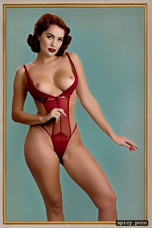 wearing red lingerie, white, ginger hair, green, 1940 s vintage style