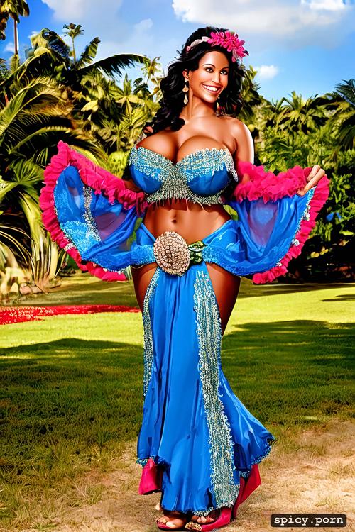 giant hanging boobs, color portrait, intricate beautiful hula dancing costume