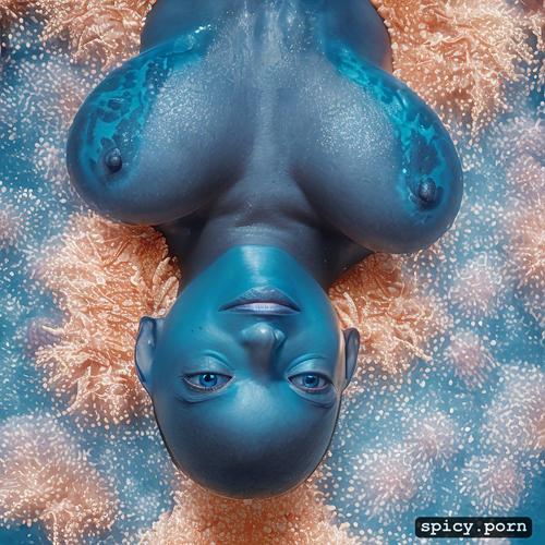zoe saldana as blue alien from the movie avatar zoe saldana swimming underwater near a coral reef wearing tribal top and thong