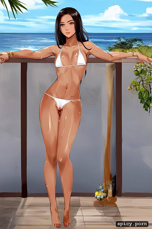 standing on a sundeck overlooking the ocean, white bikini, intricate eyes