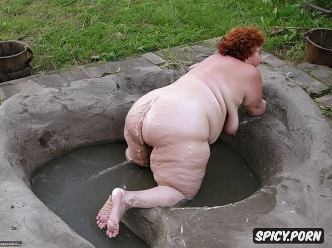 closeup, in filthy piss filled bathtub, naked obese bbw granny