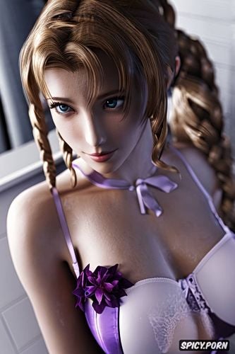 ultra detailed, ultra realistic, aerith gainsborough final fantasy vii remake tight light purple corset and lingerie bathroom beautiful face