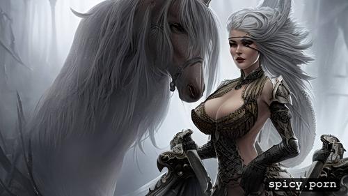 transparent, white hair, victorian, fantasy armor, perfect boobs