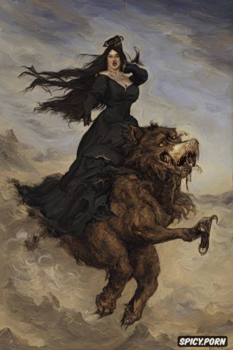 fangs, ferocious beast, werewolf, art by vasily surikov, victorian gown