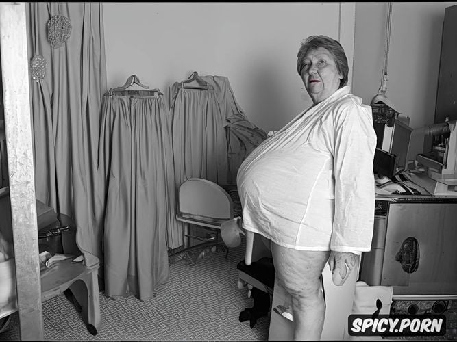 obese, aged old nun grandma, spread legs squatting, wrinkles