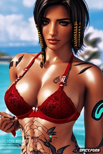 ultra realistic, red lace lingerie, high resolution, pharah overwatch beautiful face full body shot