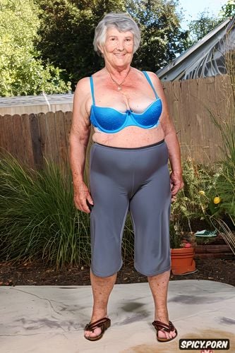 saggy, wearing spandex jeans, old irish granny, background patio