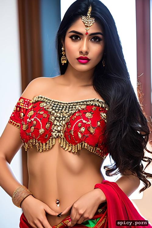 no bra, black hair, big curvy hips, gorgeous face, indian lady