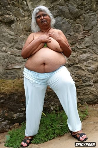 front view, wearing tight long shorts that cover thighs, an old fat bhabi indian granny