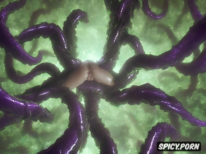 pussy visible, lying on a mass of oozing purple tentacles in a tentacle monsters lair pussy and ass spread and fucked and attacked brutally by many oozing purple tentacles