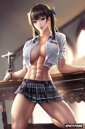 hair bows, german student, pigtails, petite, abs, sitting on altar