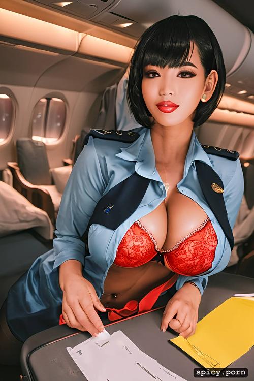 vibrant colors, short hair, air hostess hat cute face, air hostess air hostess open shirt and jacket revealing breasts transparent shirt