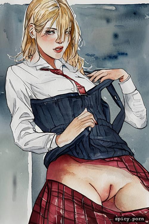 blonde hair, woman, lifting skirt, pretty, wearing school uniform