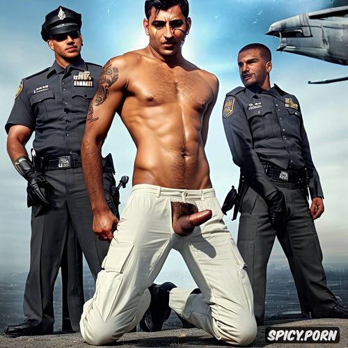 gay indian kneeling cum on his face, sucking a white officers dick nasty come all over his face naked body huge black dick many officers around him and gay long black dick