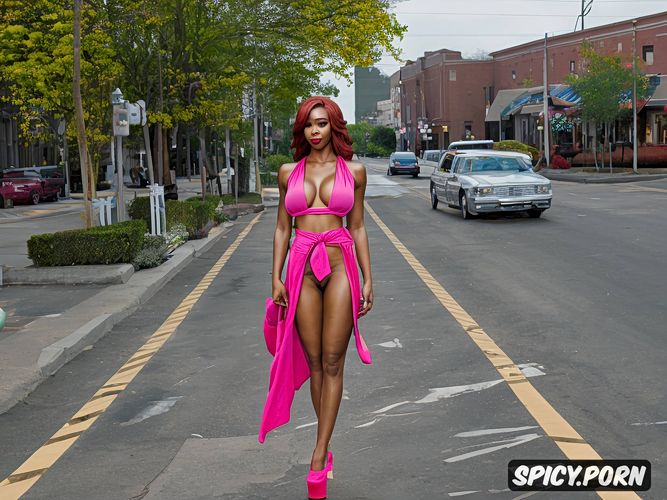 pink sash, wide stance, intricate hair, black american model