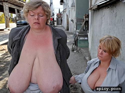 image completely huge floppy saggy breasts on very fat russian mature woman with large hairy cunt fat stupid cute face with much makeup and small nose semi short hair standing straight in siberian town sidewalk gigantic floppy tits worn out woman style very fat