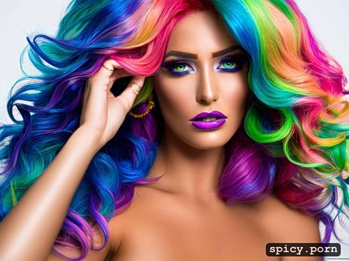colorful tattoos, topless, rainbow hair, 25 years old, vibrant colors