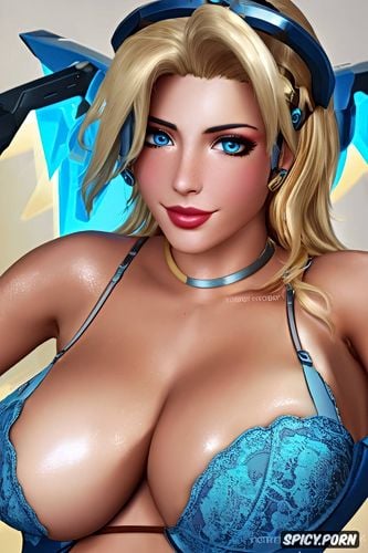 ultra detailed, ultra realistic, mercy overwatch sexy blue lingerie beautiful face young masterpiece