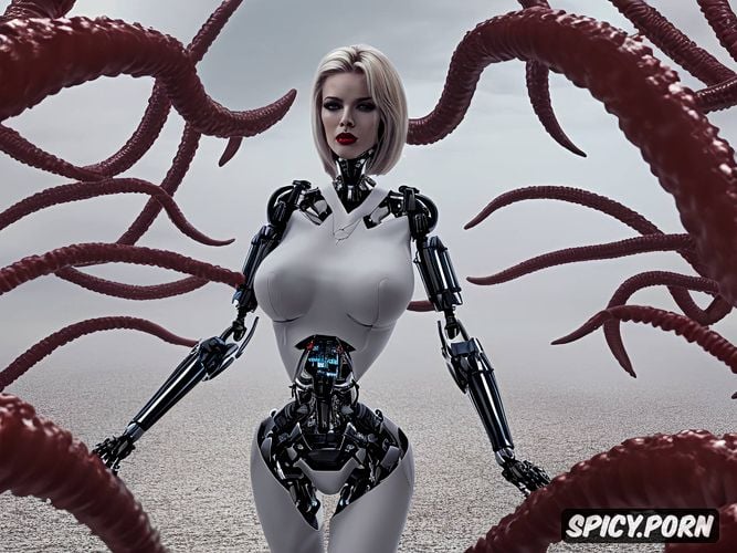 woman vs robot tentacle vagina probe model, light hair, perfect face