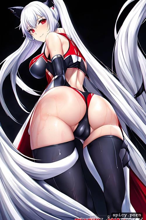white hair colour, smiling, azur lane, long hair, looking over her back