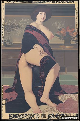 thick japanese woman, sfumato, cranach, brown hair, poor, pink vagina
