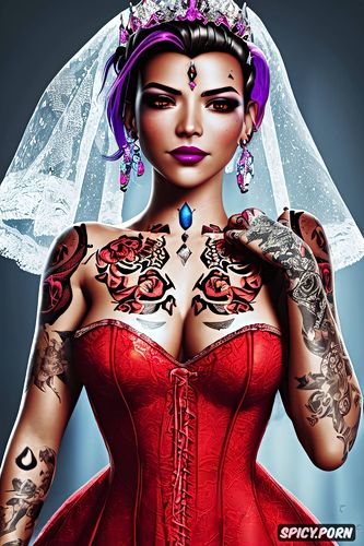 tattoos masterpiece, ultra detailed, sombra overwatch beautiful face full lips milf tight low cut red lace wedding gown tiara