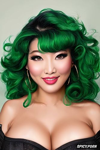 korean milf, green hair, medium breasts, happy face, curly hair
