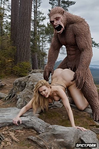 sasquatch doggy style with beautiful woman, intent on effective copulation