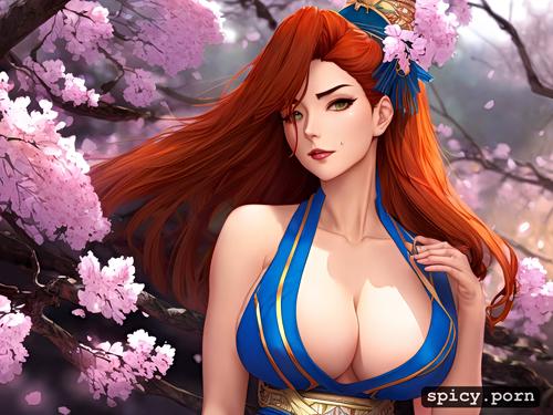 realistic anime, cleavage boob, cherry blossom, masterpiece