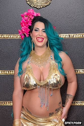 wide hips, huge hanging hooters, gold and silver and colorful jewelry