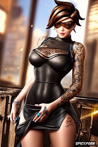 tracer overwatch beautiful face young full body shot, tattoos small perky tits elegant low cut tight black dress masterpiece
