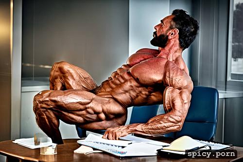 attractive, wrinkled skin, muscular calves, one alone, wide muscular shoulders
