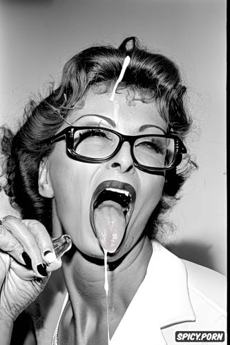 sperm all over face, sperm on big hexagonal glasses, sophia loren