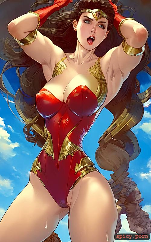 wonder woman and power girl, screaming orgasm bdsm orgy, photoshopped perfect unrealistically huge tits