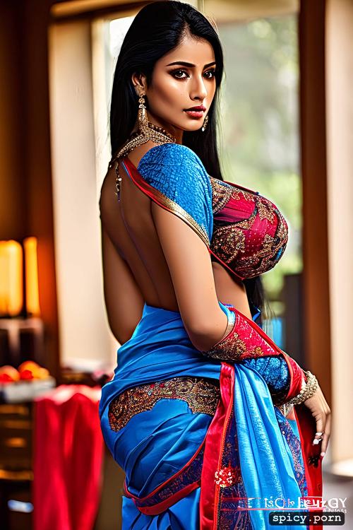huge ass, hourglass structure, black hair, gorgeous face, saree