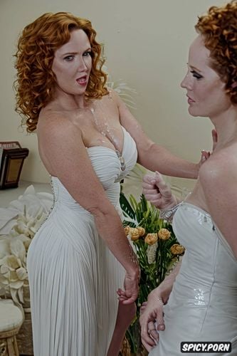 ultrarealistic, close up, huge ass, happy drunk bride 60 years old ginger curly hair