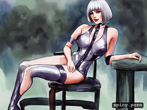wearing skin tight grey latex, tied to chair by her neck, bob haircut