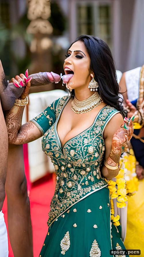 the standing beautiful indian bride in public takes a huge black dick in the mouth and get covered by cum all over his bridal dress and other people cheer the bride