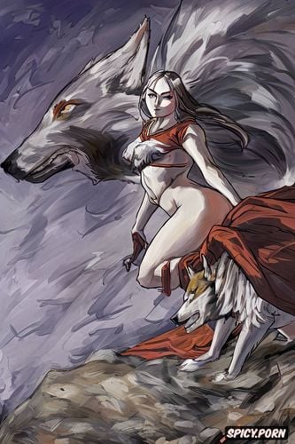 delicate teenage breast, peincess mononoke squatting riding on a giant wolf