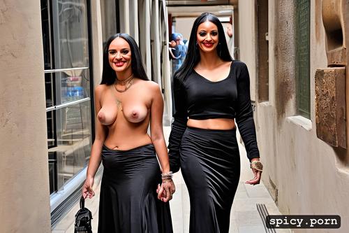walking down italian streets, smiling, extremely large naked exposed breasts